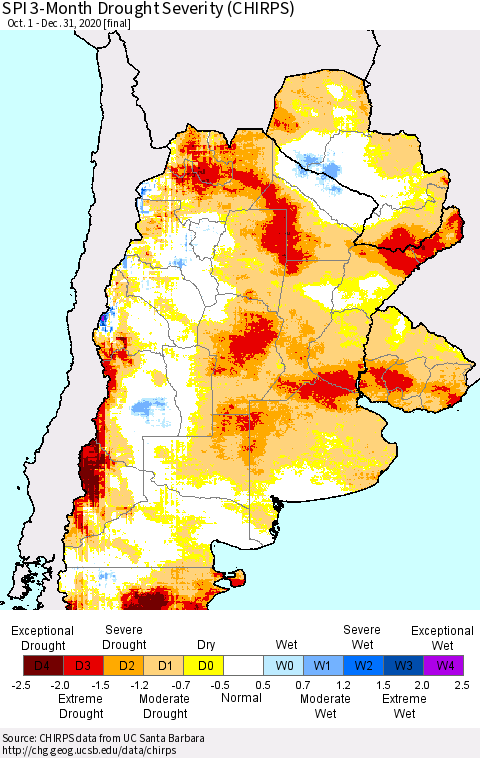 Southern South America SPI 3-Month Drought Severity (CHIRPS) Thematic Map For 10/1/2020 - 12/31/2020