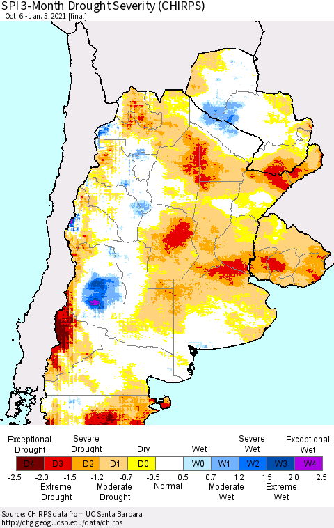 Southern South America SPI 3-Month Drought Severity (CHIRPS) Thematic Map For 10/6/2020 - 1/5/2021