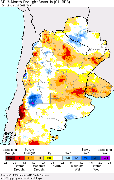 Southern South America SPI 3-Month Drought Severity (CHIRPS) Thematic Map For 10/11/2020 - 1/10/2021