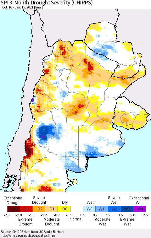 Southern South America SPI 3-Month Drought Severity (CHIRPS) Thematic Map For 10/16/2020 - 1/15/2021