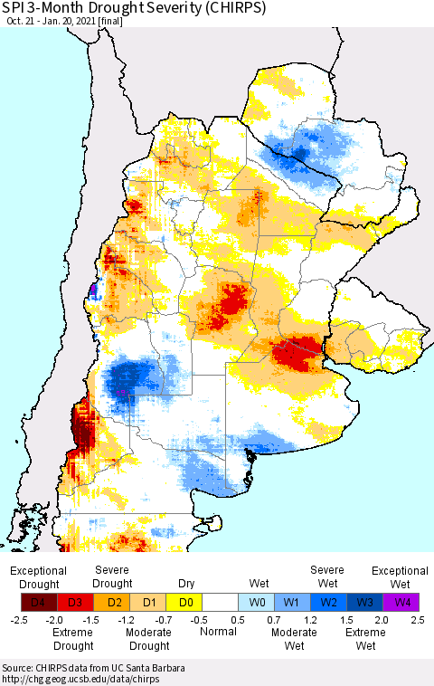 Southern South America SPI 3-Month Drought Severity (CHIRPS) Thematic Map For 10/21/2020 - 1/20/2021