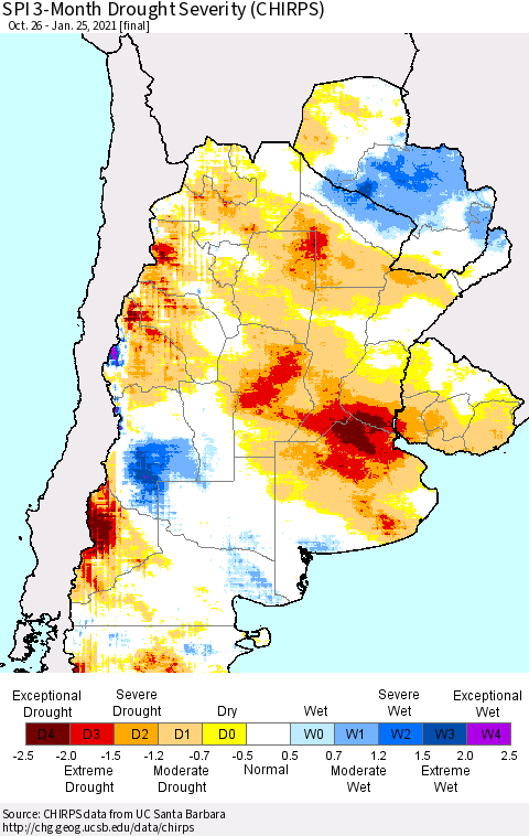 Southern South America SPI 3-Month Drought Severity (CHIRPS) Thematic Map For 10/26/2020 - 1/25/2021