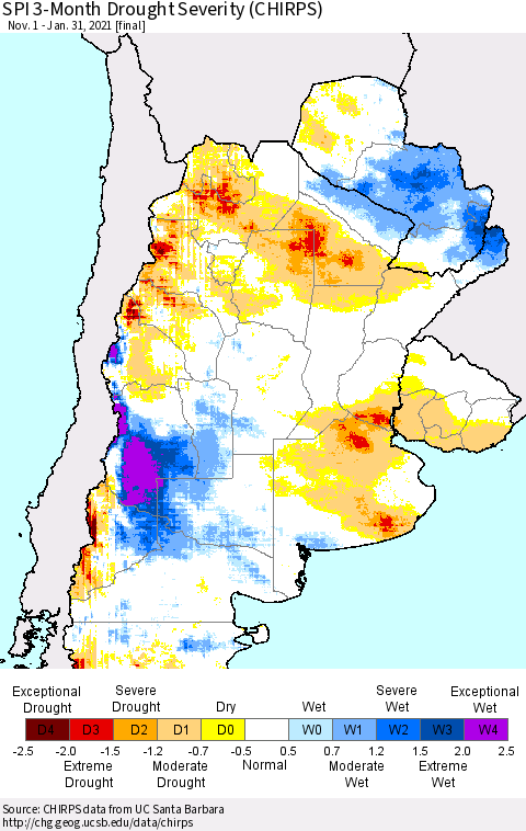 Southern South America SPI 3-Month Drought Severity (CHIRPS) Thematic Map For 11/1/2020 - 1/31/2021