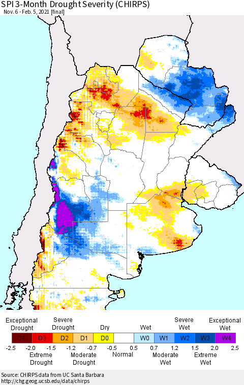 Southern South America SPI 3-Month Drought Severity (CHIRPS) Thematic Map For 11/6/2020 - 2/5/2021