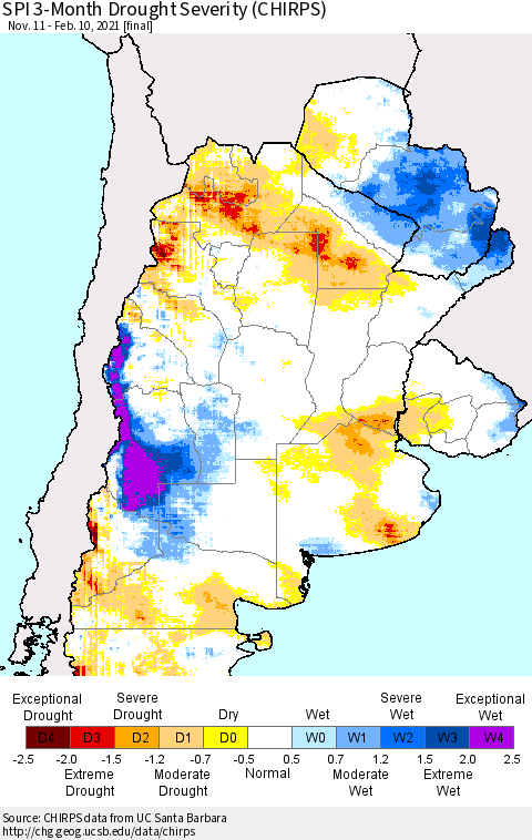 Southern South America SPI 3-Month Drought Severity (CHIRPS) Thematic Map For 11/11/2020 - 2/10/2021