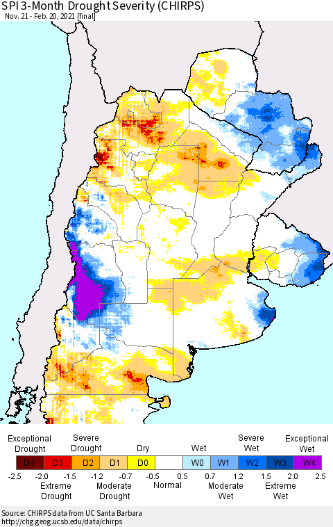 Southern South America SPI 3-Month Drought Severity (CHIRPS) Thematic Map For 11/21/2020 - 2/20/2021