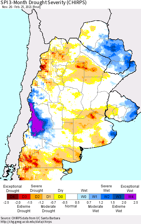 Southern South America SPI 3-Month Drought Severity (CHIRPS) Thematic Map For 11/26/2020 - 2/25/2021