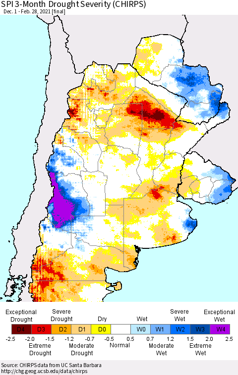 Southern South America SPI 3-Month Drought Severity (CHIRPS) Thematic Map For 12/1/2020 - 2/28/2021