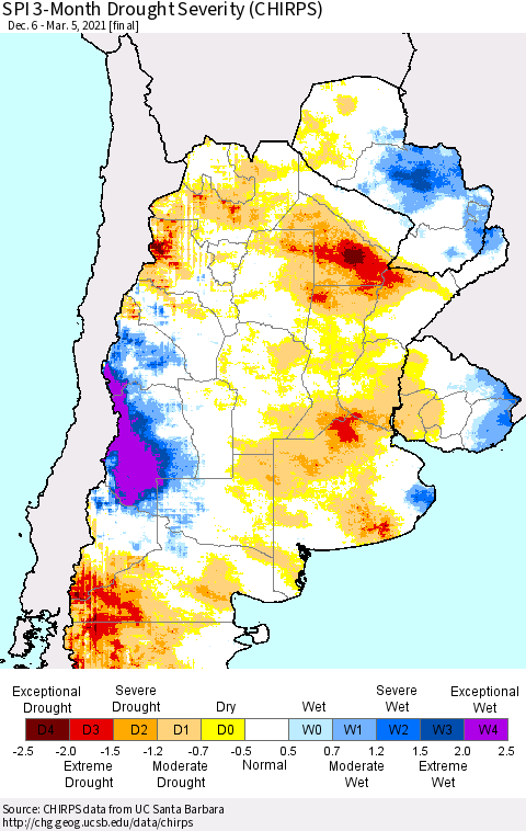 Southern South America SPI 3-Month Drought Severity (CHIRPS) Thematic Map For 12/6/2020 - 3/5/2021
