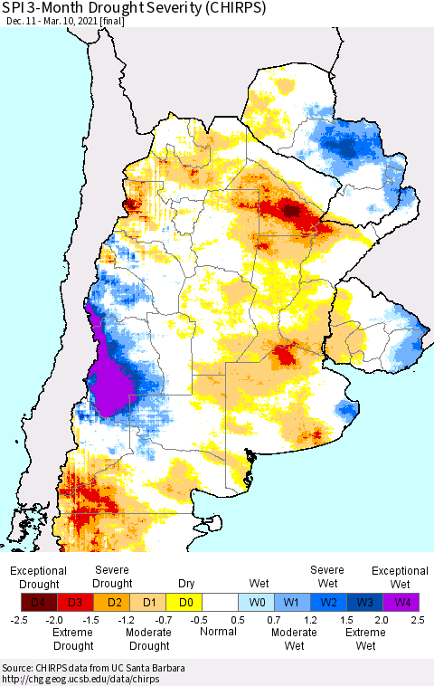 Southern South America SPI 3-Month Drought Severity (CHIRPS) Thematic Map For 12/11/2020 - 3/10/2021
