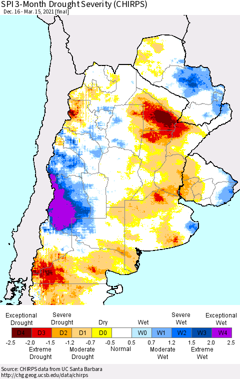 Southern South America SPI 3-Month Drought Severity (CHIRPS) Thematic Map For 12/16/2020 - 3/15/2021
