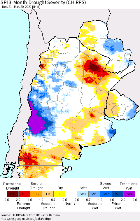 Southern South America SPI 3-Month Drought Severity (CHIRPS) Thematic Map For 12/21/2020 - 3/20/2021