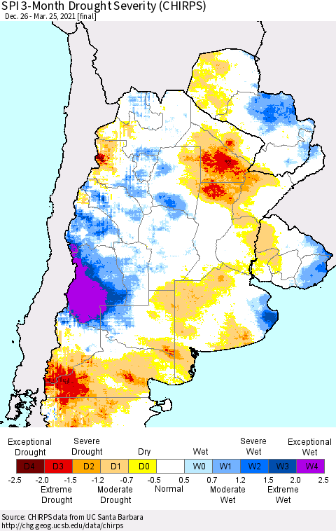 Southern South America SPI 3-Month Drought Severity (CHIRPS) Thematic Map For 12/26/2020 - 3/25/2021