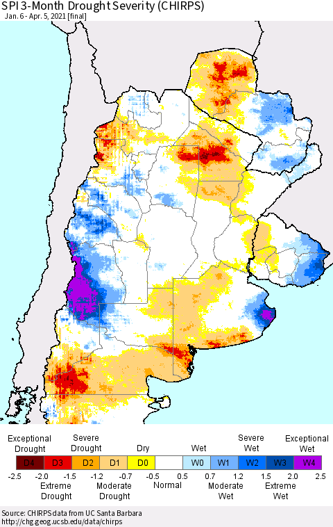 Southern South America SPI 3-Month Drought Severity (CHIRPS) Thematic Map For 1/6/2021 - 4/5/2021