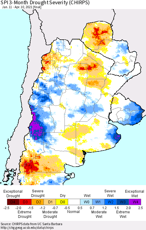Southern South America SPI 3-Month Drought Severity (CHIRPS) Thematic Map For 1/11/2021 - 4/10/2021