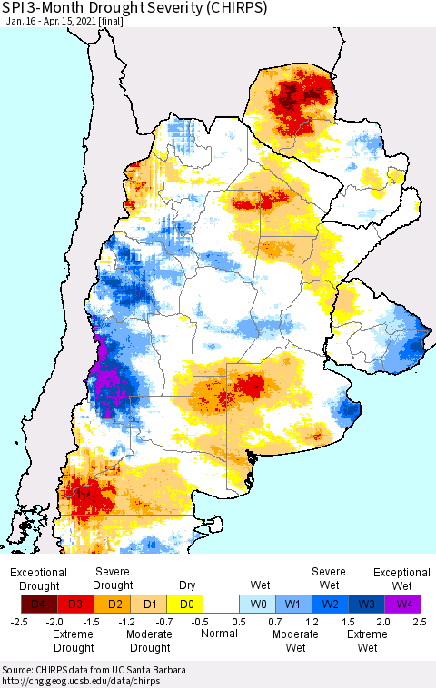 Southern South America SPI 3-Month Drought Severity (CHIRPS) Thematic Map For 1/16/2021 - 4/15/2021
