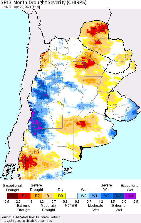 Southern South America SPI 3-Month Drought Severity (CHIRPS) Thematic Map For 1/21/2021 - 4/20/2021
