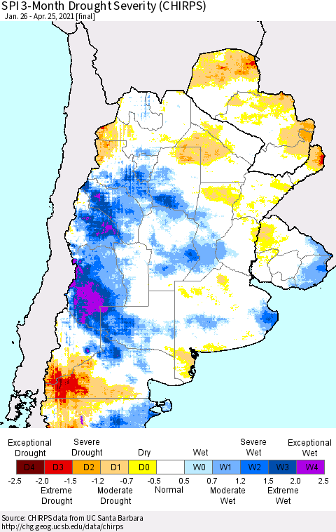 Southern South America SPI 3-Month Drought Severity (CHIRPS) Thematic Map For 1/26/2021 - 4/25/2021
