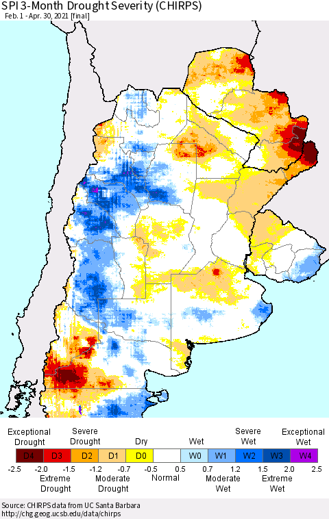 Southern South America SPI 3-Month Drought Severity (CHIRPS) Thematic Map For 2/1/2021 - 4/30/2021