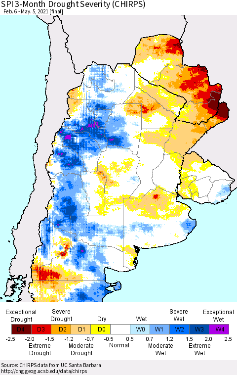 Southern South America SPI 3-Month Drought Severity (CHIRPS) Thematic Map For 2/6/2021 - 5/5/2021