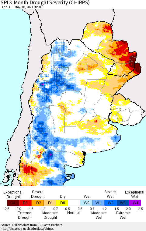 Southern South America SPI 3-Month Drought Severity (CHIRPS) Thematic Map For 2/11/2021 - 5/10/2021