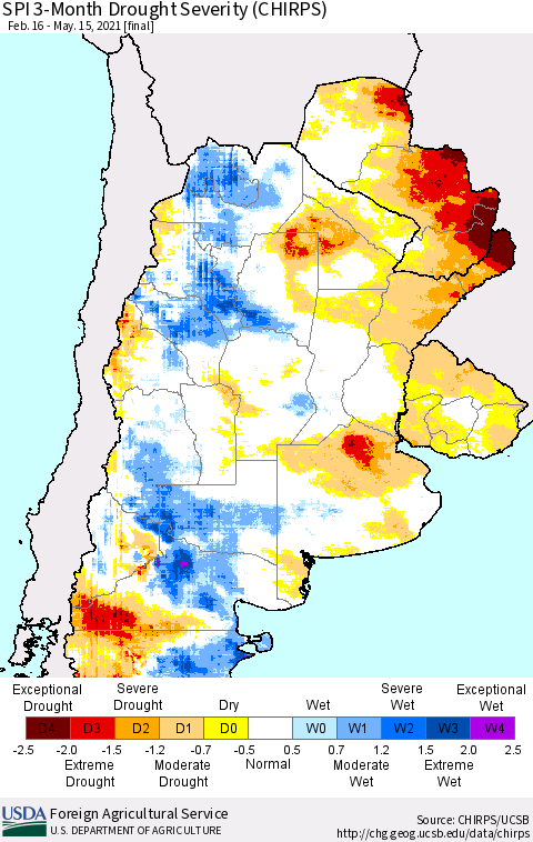 Southern South America SPI 3-Month Drought Severity (CHIRPS) Thematic Map For 2/16/2021 - 5/15/2021