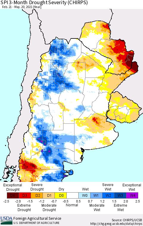 Southern South America SPI 3-Month Drought Severity (CHIRPS) Thematic Map For 2/21/2021 - 5/20/2021