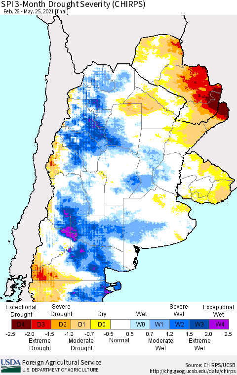 Southern South America SPI 3-Month Drought Severity (CHIRPS) Thematic Map For 2/26/2021 - 5/25/2021
