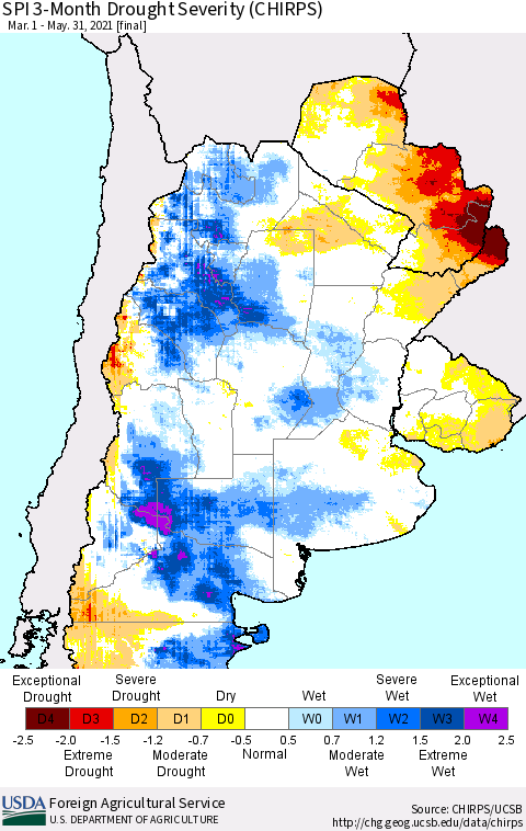 Southern South America SPI 3-Month Drought Severity (CHIRPS) Thematic Map For 3/1/2021 - 5/31/2021