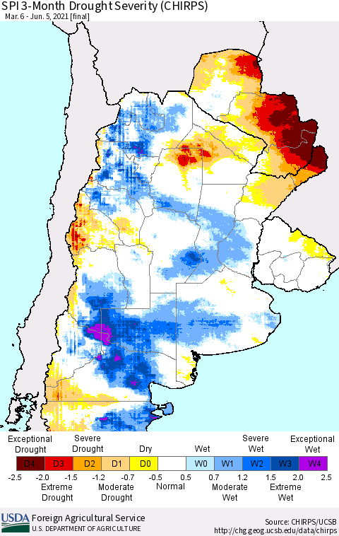 Southern South America SPI 3-Month Drought Severity (CHIRPS) Thematic Map For 3/6/2021 - 6/5/2021