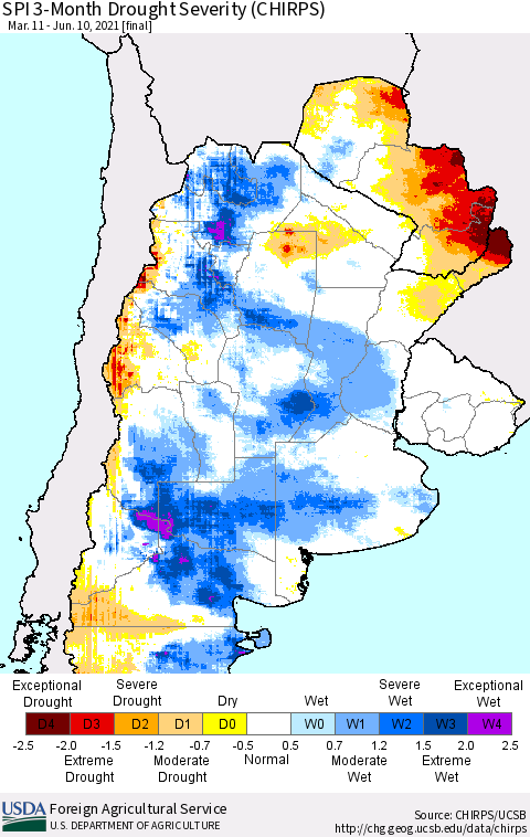 Southern South America SPI 3-Month Drought Severity (CHIRPS) Thematic Map For 3/11/2021 - 6/10/2021