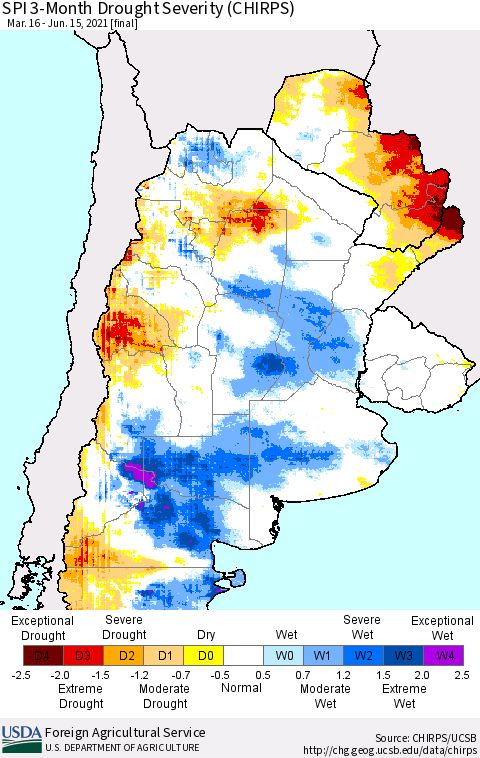 Southern South America SPI 3-Month Drought Severity (CHIRPS) Thematic Map For 3/16/2021 - 6/15/2021