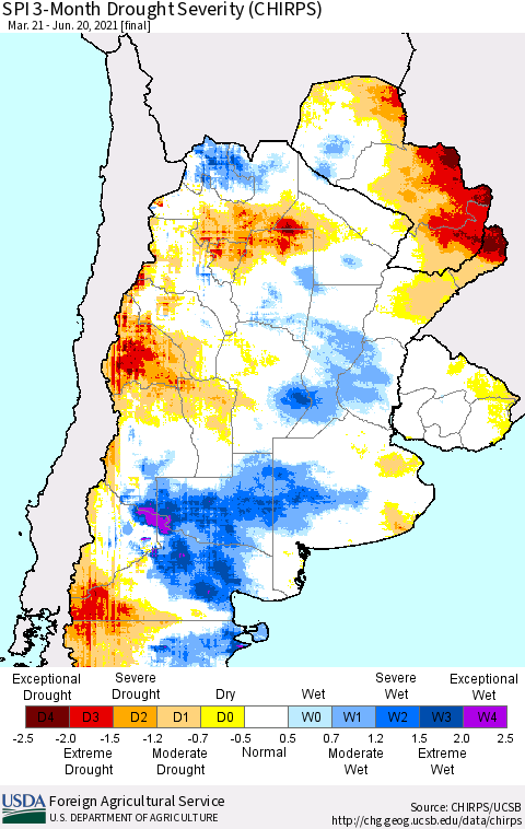 Southern South America SPI 3-Month Drought Severity (CHIRPS) Thematic Map For 3/21/2021 - 6/20/2021