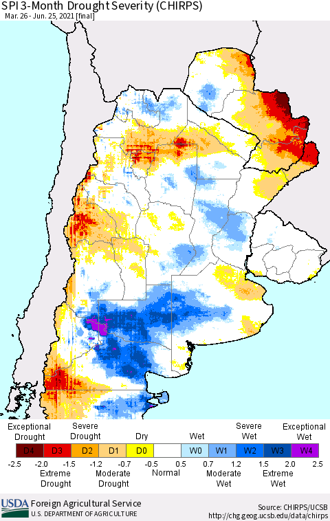 Southern South America SPI 3-Month Drought Severity (CHIRPS) Thematic Map For 3/26/2021 - 6/25/2021