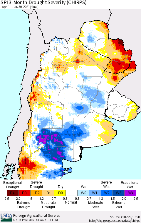 Southern South America SPI 3-Month Drought Severity (CHIRPS) Thematic Map For 4/1/2021 - 6/30/2021