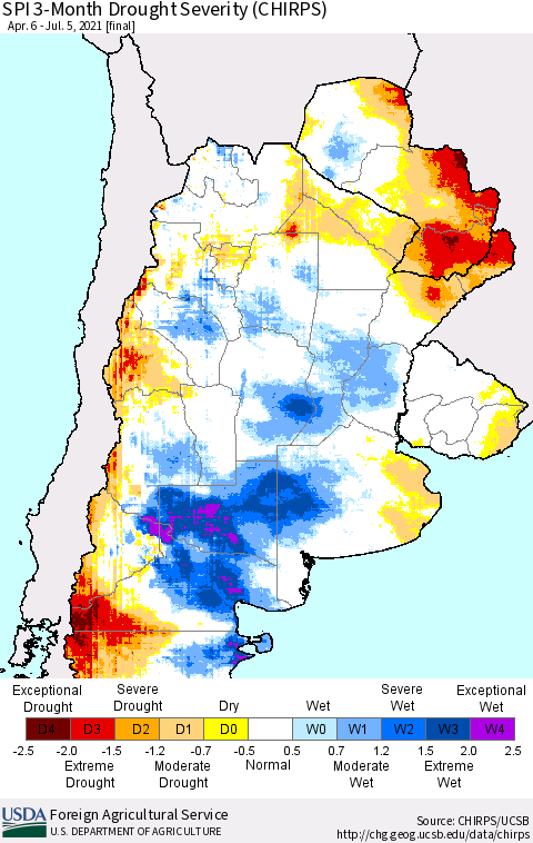 Southern South America SPI 3-Month Drought Severity (CHIRPS) Thematic Map For 4/6/2021 - 7/5/2021