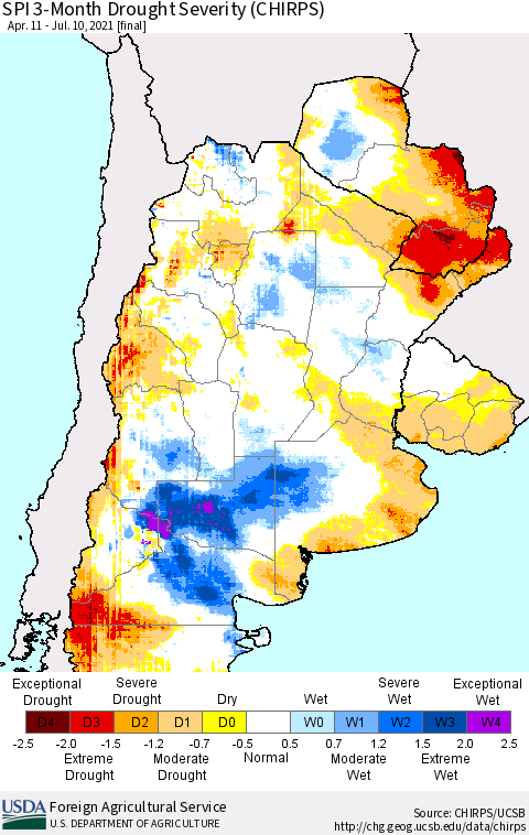 Southern South America SPI 3-Month Drought Severity (CHIRPS) Thematic Map For 4/11/2021 - 7/10/2021