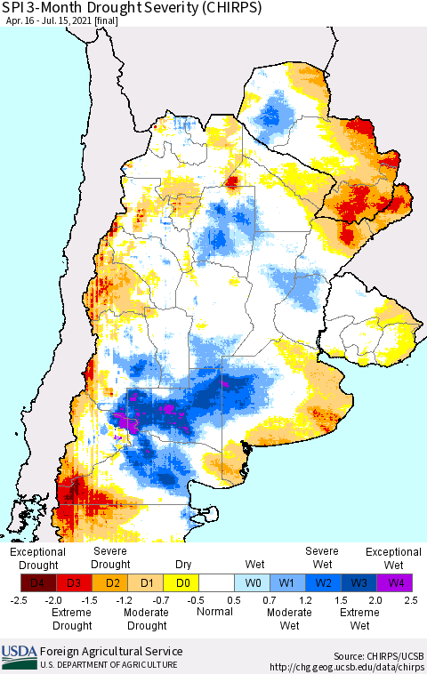 Southern South America SPI 3-Month Drought Severity (CHIRPS) Thematic Map For 4/16/2021 - 7/15/2021