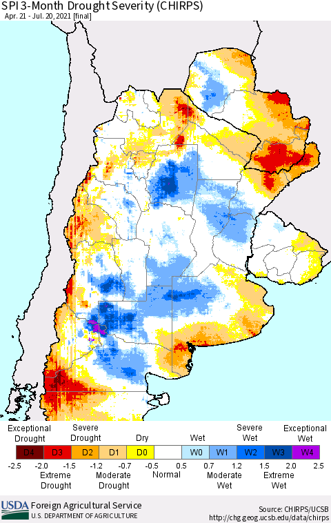 Southern South America SPI 3-Month Drought Severity (CHIRPS) Thematic Map For 4/21/2021 - 7/20/2021