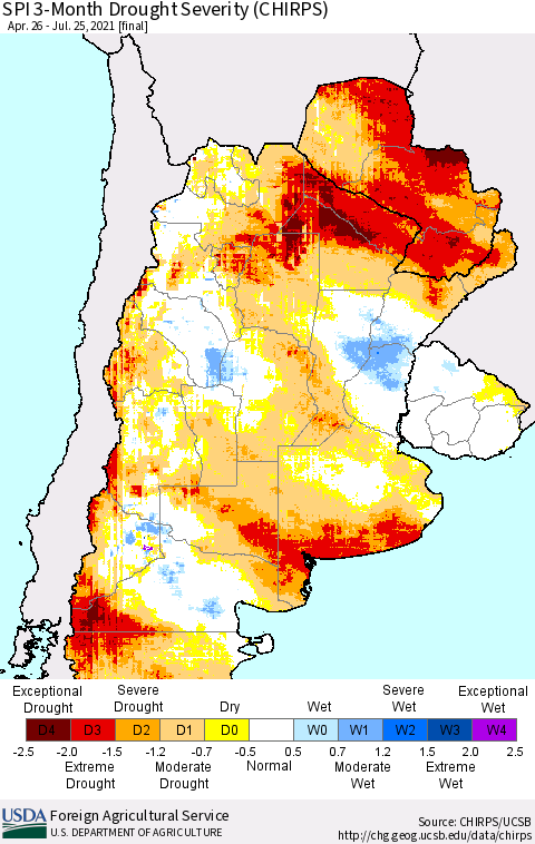 Southern South America SPI 3-Month Drought Severity (CHIRPS) Thematic Map For 4/26/2021 - 7/25/2021