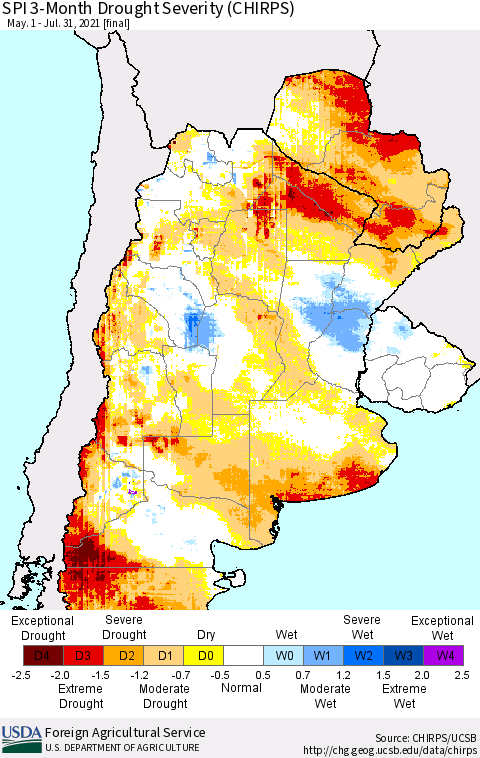 Southern South America SPI 3-Month Drought Severity (CHIRPS) Thematic Map For 5/1/2021 - 7/31/2021