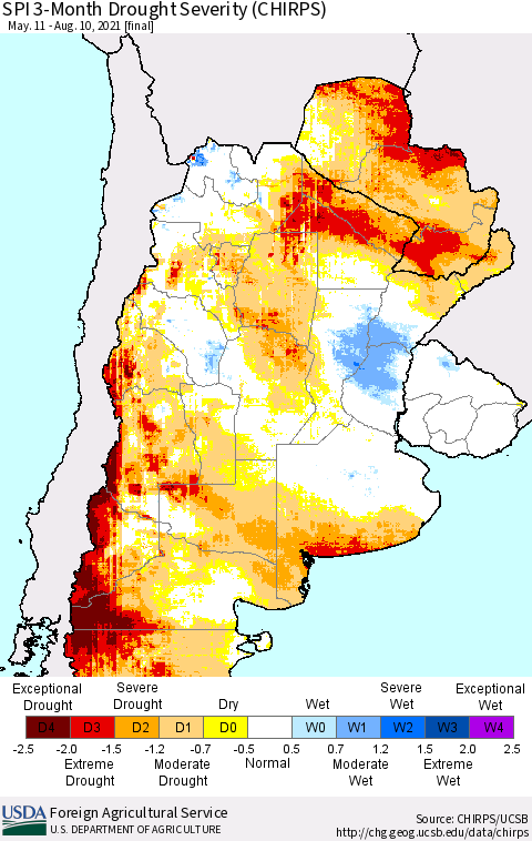 Southern South America SPI 3-Month Drought Severity (CHIRPS) Thematic Map For 5/11/2021 - 8/10/2021