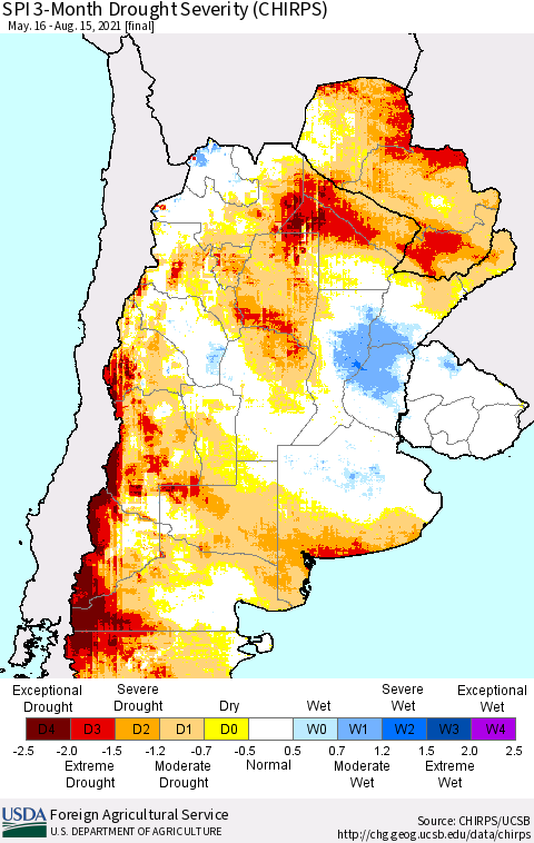 Southern South America SPI 3-Month Drought Severity (CHIRPS) Thematic Map For 5/16/2021 - 8/15/2021