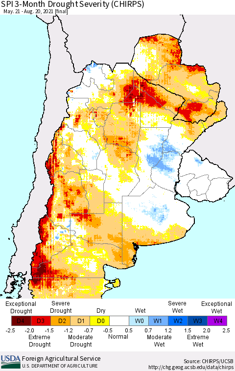 Southern South America SPI 3-Month Drought Severity (CHIRPS) Thematic Map For 5/21/2021 - 8/20/2021