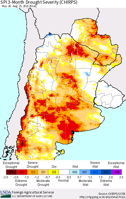 Southern South America SPI 3-Month Drought Severity (CHIRPS) Thematic Map For 5/26/2021 - 8/25/2021