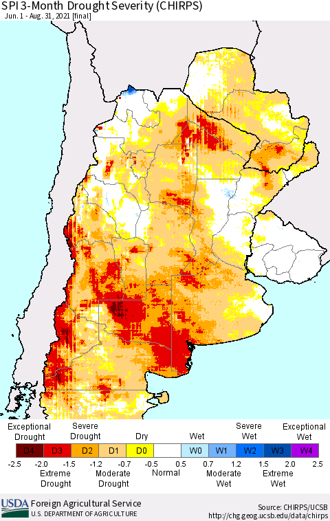 Southern South America SPI 3-Month Drought Severity (CHIRPS) Thematic Map For 6/1/2021 - 8/31/2021