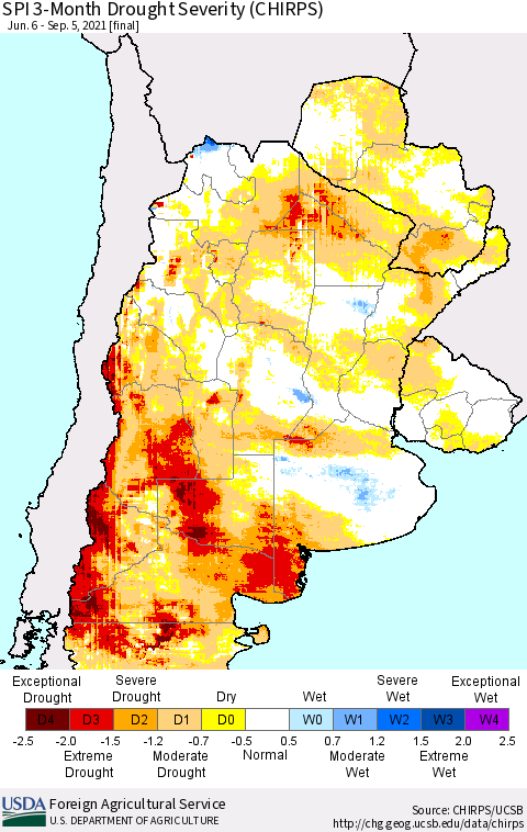 Southern South America SPI 3-Month Drought Severity (CHIRPS) Thematic Map For 6/6/2021 - 9/5/2021