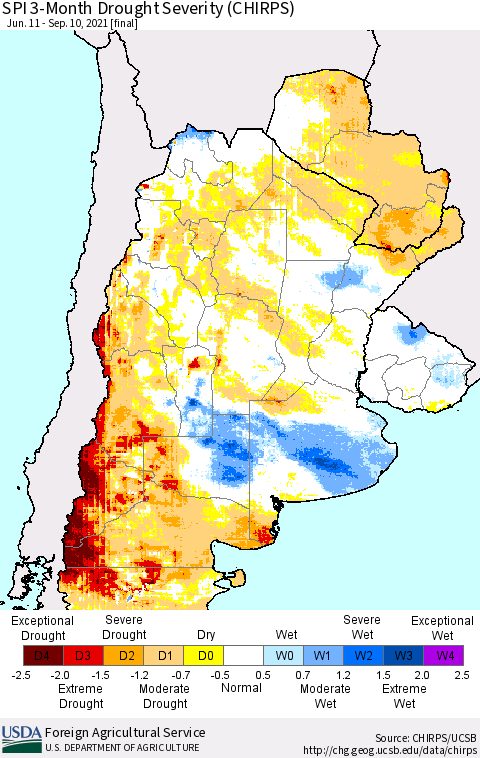 Southern South America SPI 3-Month Drought Severity (CHIRPS) Thematic Map For 6/11/2021 - 9/10/2021