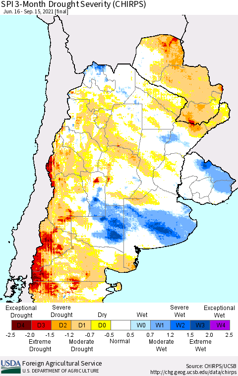 Southern South America SPI 3-Month Drought Severity (CHIRPS) Thematic Map For 6/16/2021 - 9/15/2021
