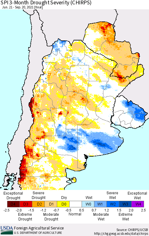 Southern South America SPI 3-Month Drought Severity (CHIRPS) Thematic Map For 6/21/2021 - 9/20/2021